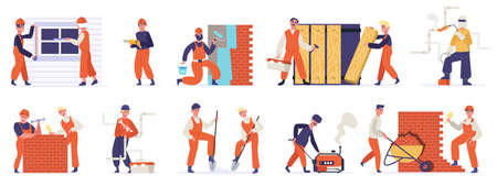 Building construction workers. Professional engineers, builders, mason, carpenter and handyman working. Technician workers vector illustration set. Men with tools or equipment for renovationのイラスト素材