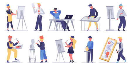 Artists creative characters. Artistic professions, painter, sculptor and craftsman. Male and female creators artists vector illustration set. People creating artwork, painting on canvasのイラスト素材
