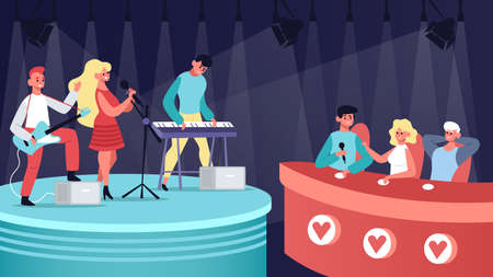 Talents music show. Vocal, musical TV competition, audition contest performing and jury judge. Singing talent show vector illustration. Musicians playing guitar and keyboard on stageのイラスト素材