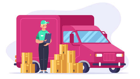 Delivery man. Courier delivery service, young man delivered cardboard boxes. Local delivery or shipping concept vector illustration. Worker standing near mini van car or truck vehicleのイラスト素材
