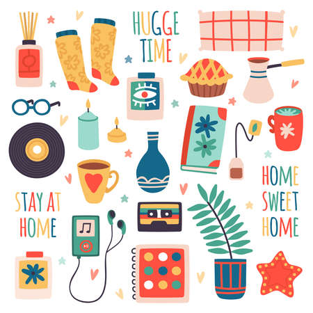 Hygge scandinavian doodle elements. Home accessories, house plant, tea mug, pillow and book, cozy interior elements vector illustration set. Modern comfortable style for apartment decorationのイラスト素材