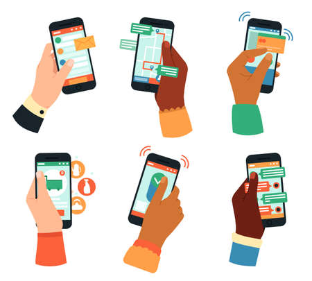 Hands holding smartphones. Social networking, mobile app, or communication concept. Male and female hands with gadgets vector illustrations. Touching screen with message, map with navigationのイラスト素材