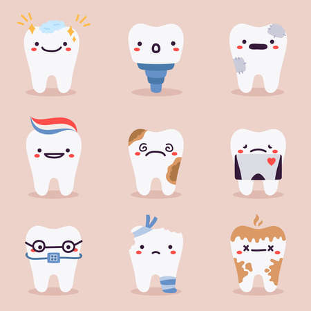 Cute teeth mascots. Dental teeth characters with dentistry problems, treatments, tooth healthcare...