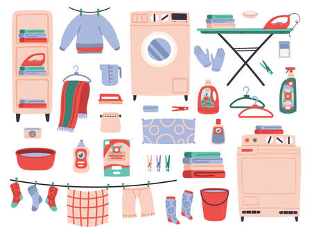 Home laundry. Clean laundry clothes, washing machine, household chemistry cleaning, ironing board and washing powder vector illustration set. Clothing hanging on rope, gloves and clothespinsのイラスト素材