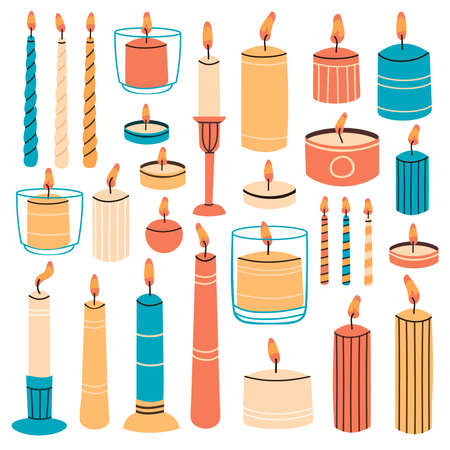 Burning candles. Wax aromatic candles in candlesticks, holders and glass. Cute hand drawn hygge interior decorations vector illustration set. Holiday decorative design element for aroma therapyのイラスト素材