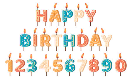 Happy Birthday candles. Birthday Party letters and numbers wax candles, anniversary holiday cute birthday cake candles vector illustration set. Decoration for holiday celebration, surprise eventのイラスト素材
