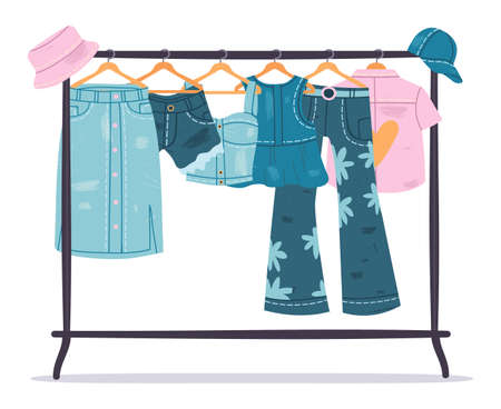 Denim clothing. Jeans garments hanging on hanger, trendy casual cotton apparel. Stylish denim wardrobe vector symbols set. Trendy, blue skirt and shorts, blouse, trousers and shirtのイラスト素材