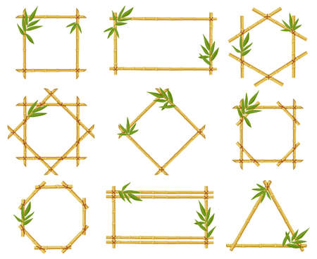 Bamboo cartoon frames. Steam frame, bamboo stalks with leaves, asian bamboo sticks wooden borders vector illustration icons set. Frames of different shape tied with ropes as square, rectangleのイラスト素材