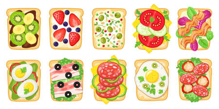 Tasty breakfast toasts. Fried bread with eggs, avocado, cheese, fish and fruits, healthy delicious sandwich, toasted bread vector illustration set. Food for lunch, Berries and vegetables on buttiesのイラスト素材