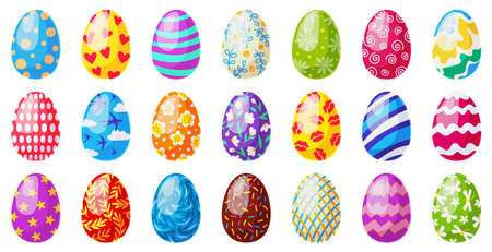 Cartoon easter eggs. Spring holiday chocolate egg, traditional ornament egg decoration, colorful easter egg decor vector illustration icons set. Decoration with heart, flower, stripes and dotsのイラスト素材