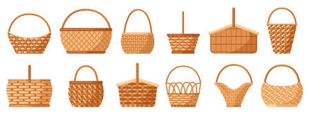 Wicker baskets. Picnic willow baskets, empty straw hampers, decorative wicker baskets with handle. Picnic baskets vector illustration set. Easter holiday various containers for foodのイラスト素材