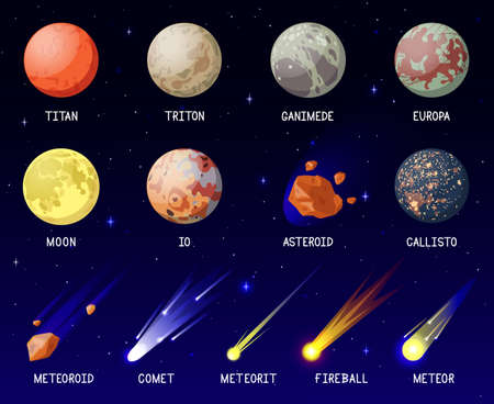 Cartoon planets. Solar system planets, galaxy cosmic space celestial bodies, planets satellites, moon, comet and meteorite vector illustration set. Outer space elements explorationのイラスト素材