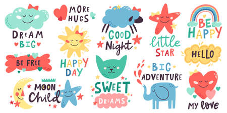 Cute kids lettering. Nursery hand drawn quotes with moon, clouds, stars, cute animals. Doodle baby shower or nursery room vector illustration set. Colorful rainbow, sun, elephant and catのイラスト素材
