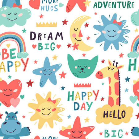Cute kids pattern. Seamless hand drawn cute animals, moon and stars backdrop. Nursery creative decoration vector background illustration. Childish design with cat, giraffe and hippopotamusのイラスト素材