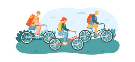 Woman and men friends riding bicycles in park or lawn. Female and male characters having cycling activity on nature. People traveling on bikes, having touristic trip vector illustrationのイラスト素材