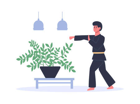 Man practicing martial arts wearing black kimono with yellow belt. Guy training at home or in studio, exercising. Active person doing sport, having training cartoon vector illustrationのイラスト素材