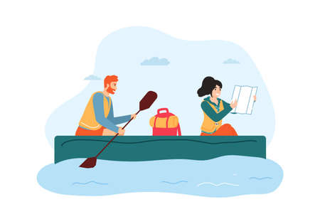 Woman and man traveling on boat. Guy holding paddle and rowing, girl looking at map and searching direction. Couple having summer trip, active lifestyle and recreation vector illustrationのイラスト素材