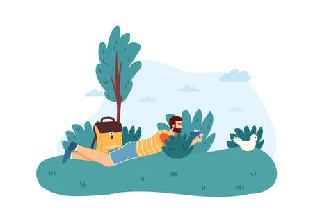Man photographer lying in bushes and taking photo of bird. Male character holding camera and making picture, doing photo hunting in wild nature, traveling concept vector illustrationのイラスト素材