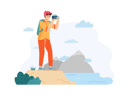 Man hiker taking photo of nature landscape. Guy traveler with backpack holding camera and shooting beautiful water view. Trekking, active lifestyle flat cartoon vector illustrationのイラスト素材