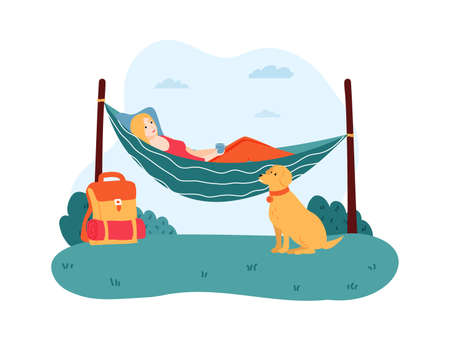 Woman lying in hammock, pet sitting near female character. Girl having rest and drinking cup of tea. Spending time on nature with pet. Traveling with puppy flat vector illustrationのイラスト素材