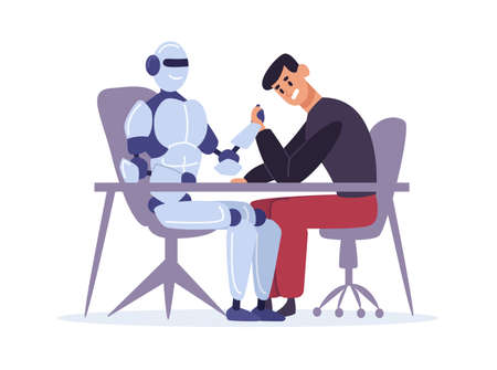 Human competing with robot in arm wrestling. Man versus artificial intelligence, confrontation sitting at table. Modern technology concept. Futuristic power vs male character vector illustrationのイラスト素材