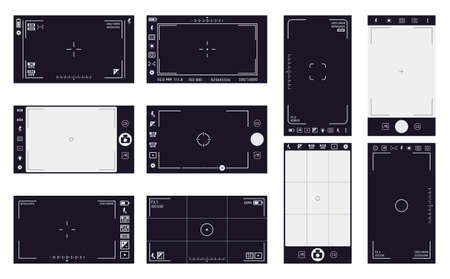 Camera viewfinder frames. Camcorder interface, cam screen with recording time and video quality. Camera digital interface vector illustrations. Flash, hdr, battery, stabilization ui iconsのイラスト素材
