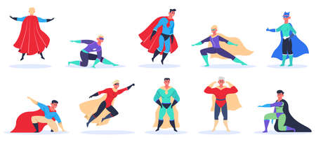 Male superhero characters. Muscular handsome   superheroes costume, flying and standing in action pose isolated vector illustration set. Powerful man wearing cloak or capeのイラスト素材
