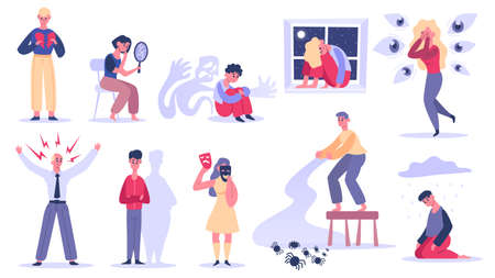 Psychiatric problems. Mental psychological disorders, phobias paranoia, depression and panic problem. Psychic illnesses vector illustration. Bipolar disorder, insomnia, emotional traumaのイラスト素材