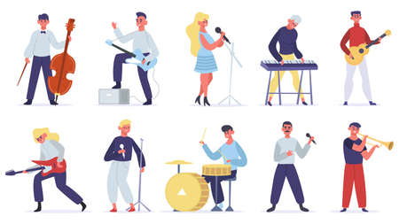 Musicians characters. Guitarist, singer, drummer and singer artist, metal and jazz artistic performers. Vocal singers people vector illustrations. Female and male musicians playing musical instrumentsのイラスト素材