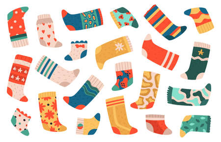 Kids socks. Cute colorful cotton socks, textile dotted and striped trendy clothes, wool comfort kids wear vector illustration set. Clothing with bright design, hearts, flowers, leavesのイラスト素材