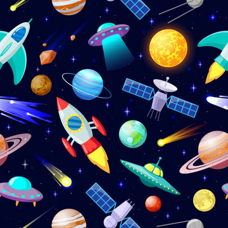 Cartoon space pattern. Astronomical planets and spacecraft ship, astronomy stars, comets and celestial bodies. Galaxy elements vector illustration. Rocket and unidentified flying objectのイラスト素材