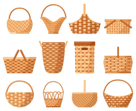 Wicker decorative basket. Traditional picnic willow basket with handle, baskets for outdoor dining. Wicker hampers vector illustration set. Empty straw hampers for food and productsのイラスト素材