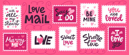 Love mail stamp. Hand drawn love romantic lettering for valentines day, doodle love post office. Love quotes stamps vector illustration set. Be mine, say I do, sweet love, marry me, with all my heartのイラスト素材