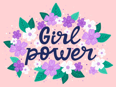 Girl power quote. Feminism motivational lettering slogan, inspirational hand drawn lettering. GRL PWR women empowerment vector illustration. Girlish saying with colorful flowers frameのイラスト素材