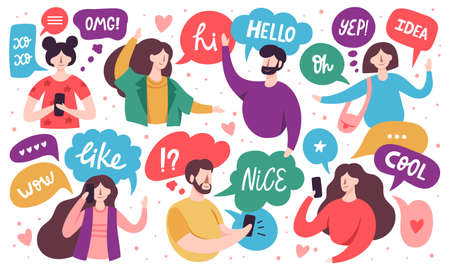 Chatting characters. Social networking, people chatting, virtual relationships and business chat. Communicating characters vector illustrations. Man and woman texting using smartphones, speech bubblesのイラスト素材