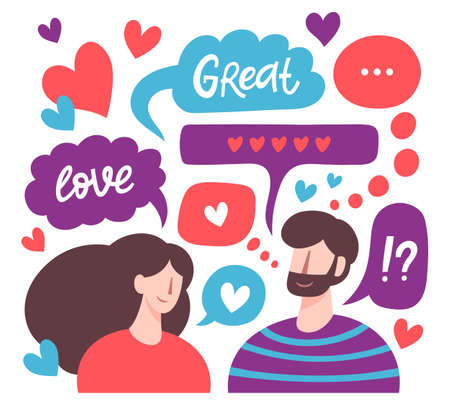 Chatting couple. Male and female romantic online dating, love messages, cute chatting lovers characters. Virtual relationships vector illustration. Man and woman with cute speech bubblesのイラスト素材