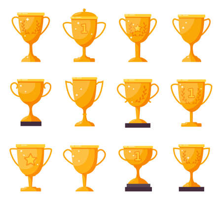 Champion golden cups. Gold winner trophy goblets, achievement award cups. Victory golden trophies and rewards isolated vector illustrations. Winning competition or championship. Award ceremonyのイラスト素材