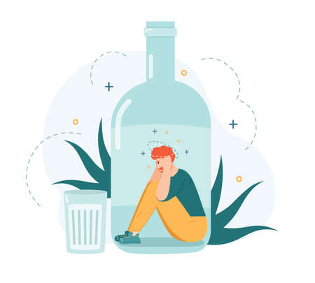 Alcohol addiction. Drunk man inside alcohol bottle, bad habit and unhealthy lifestyle, alcohol addicted frustrated person vector illustration. Young male character having depressionのイラスト素材