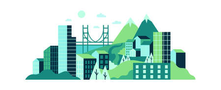 City landscape with high glass buildings, green hills and mountains. Modern city with wild nature, trees, lawns and contemporary urban skyscrapers, town background vector illustrationのイラスト素材