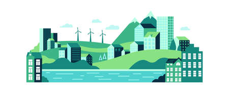 Eco urban city landscape with buildings, hills and mountains. Ecological sustainable energy supply with windmills. Town with green wild nature, lawns, river and wind turbines vector illustrationのイラスト素材