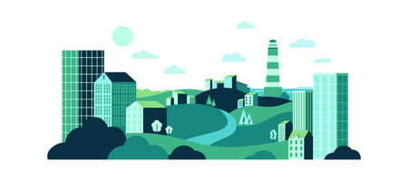 Town with wild nature and urban glass buildings. Eco city landscape with green lawns and hills, water tower and houses. Green energy and eco friendly city background vector illustrationのイラスト素材