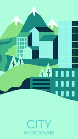 Eco friendly city background. Contemporary buildings with wild green nature. High mountains and hills with modern houses. Environment or ecology protection, flyer vector illustrationのイラスト素材