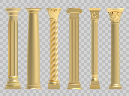 Ancient columns. Realistic golden greek ancient column, classic historic columns. Antique architectural gold pillars vector illustration set. Roman culture stone architecture, decorationのイラスト素材