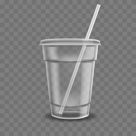 Realistic plastic coffee cup. Clear plastic cup mockup for coffee, iced tea, juice or milkshake. Disposable beverage packaging vector illustration. Empty drink take away container mockupのイラスト素材