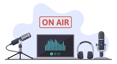 On air. Podcast, radio broadcast, or audio streams, sound recording with microphone and headphones. Online podcast vector illustration set. Record studio with laptop, media and entertainmentのイラスト素材