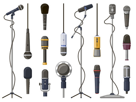 Music microphones. Studio sound, broadcast, or music record equipment, music record technology. Microphone for audio broadcast vector illustration set. Mic for karaoke singing and performanceのイラスト素材
