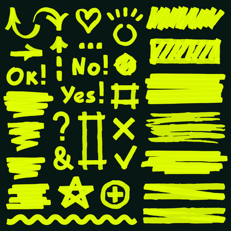 Highlight marker elements. Yellow marker lines, arrows, check marks and dashed lines. Marker curved lines vector illustration set. Hand drawn symbols as tick and cross, heart and starのイラスト素材