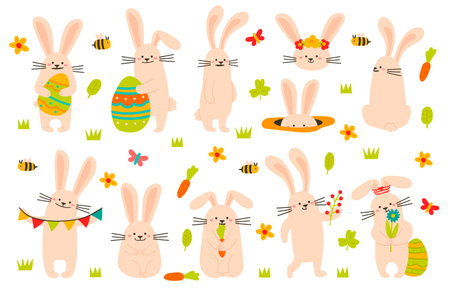 Cute easter bunny. Spring funny rabbits, easter bunny mascots with eggs. Holiday cute animals vector illustration symbols set. Hare hiding in hole, holding flower and eating carrotのイラスト素材