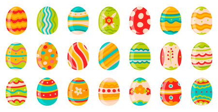 Easter eggs. Cute spring decorative chocolate eggs, happy easter doodle ornamental symbols. Easter holiday traditional eggs vector illustration set decorated with lines, dots and flowersのイラスト素材