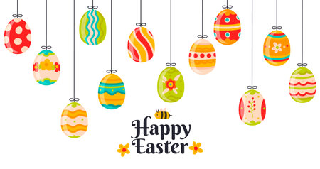 Easter hanging eggs. Cartoon spring decorations, cute hanging easter decorative eggs vector background illustration. Happy easter colorful eggs with flowers, spots and waves for greetingのイラスト素材